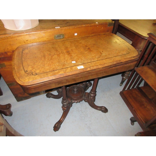 1851 - 19th Century burr walnut and floral inlaid card table, having fold-over top with baize lined interio... 