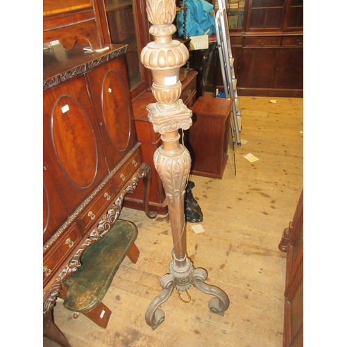 1854 - Early 20th Century carved walnut standard lamp on three C-scroll carved supports, 65ins high (for re... 