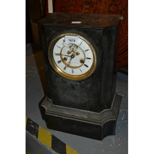 1675 - Large 19th Century French black slate mantel clock, the circular white enamel dial with Roman numera... 