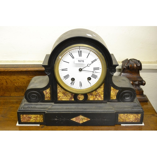 1676 - Large 19th Century French black slate and rouge marble inset mantel clock, the circular white enamel... 