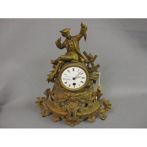 1686 - Small 19th Century gilded spelter mantel clock with figural surmount, the enamel dial with Roman num... 