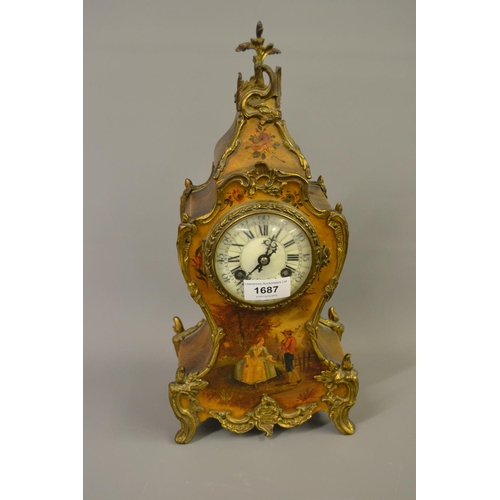 1687 - 19th Century French gold lacquer and gilt brass mounted two train mantel clock, the enamel dial with... 