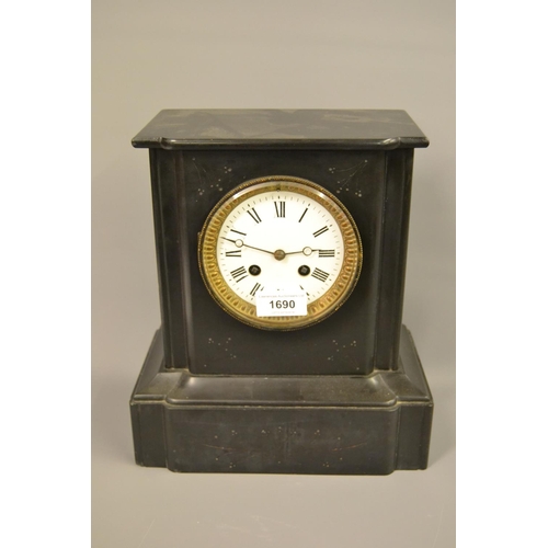 1690 - Small black slate two train mantel clock with pendulum