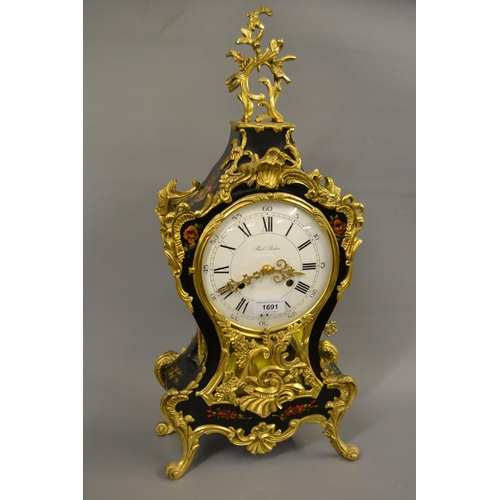 1691 - Reproduction French floral painted black lacquer and gilt brass mounted bracket clock complete with ... 