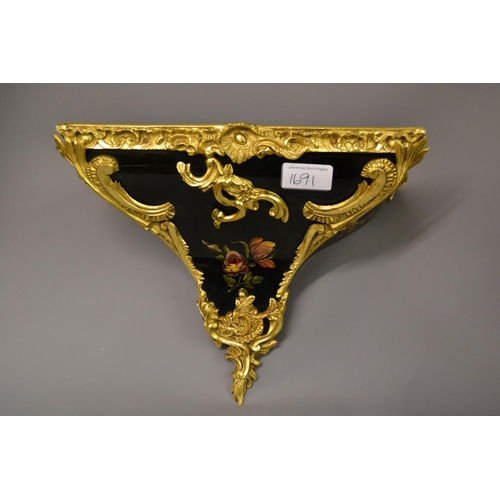 1691 - Reproduction French floral painted black lacquer and gilt brass mounted bracket clock complete with ... 