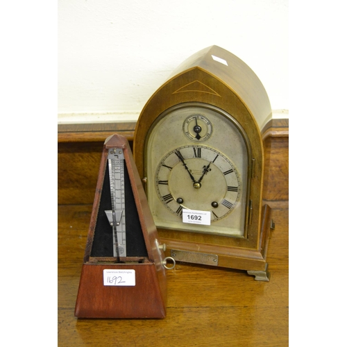 1692 - Edwardian mahogany and inlaid lancet clock, the silvered dial with Roman numerals, inscribed Marsh a... 