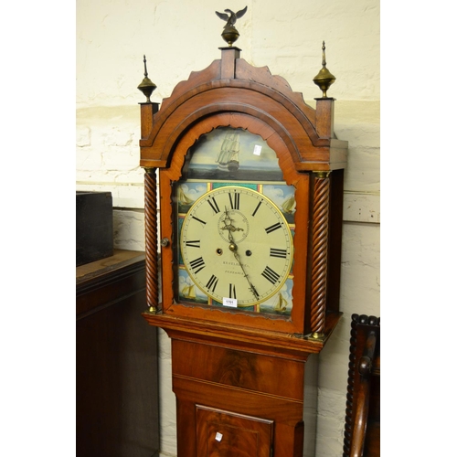 1701 - Early 19th Century mahogany longcase clock, the broken arch hood with flanking spiral pilasters, sha... 