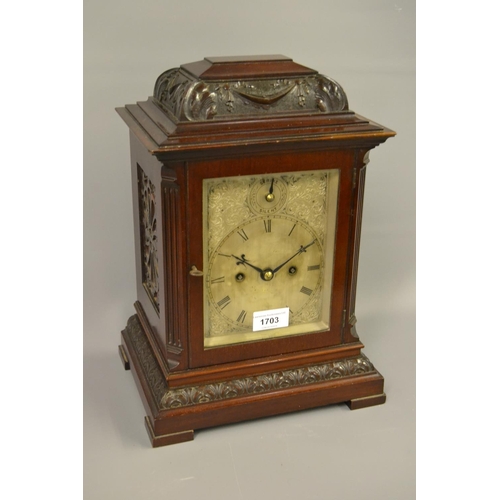 1703 - Late 19th / early 20th Century bracket clock, the mahogany case with carved and reeded decoration, h... 