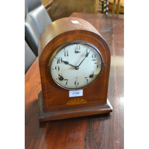 1706 - Edwardian mahogany line inlaid mantel clock having circular  dial with arabic numerals and two train... 