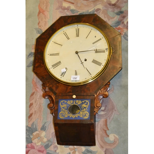 1707 - 19th Century American mahogany octagonal drop dial wall clock, the enamel dial with Roman numerals, ... 