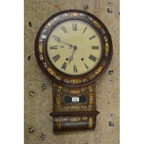 1723 - 19th Century rosewood mother of pearl inlaid drop-dial wall clock, the painted dial with Roman numer... 