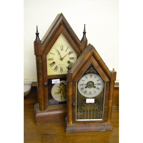 1727 - Two late 19th Century Gothic style cased Continental mantel clocks with glazed doors and painted dia... 