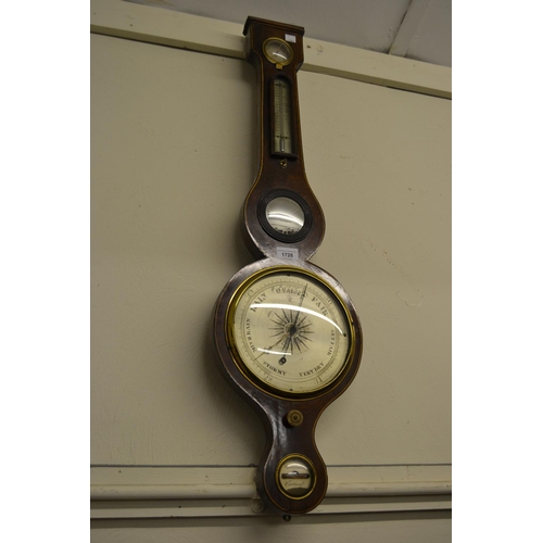 1728 - George III mahogany and line inlaid banjo shaped wheel barometer together with a spare mercury tube