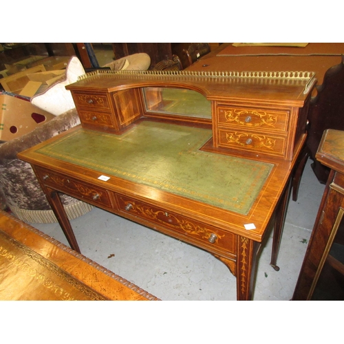 2289 - Edwardian rosewood and marquetry inlaid writing desk, the galleried superstructure with central mirr... 