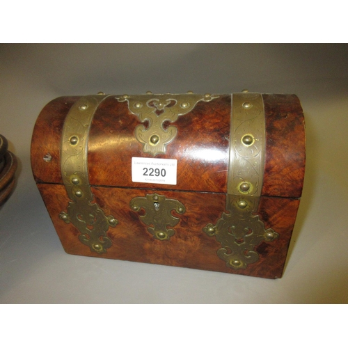 2290 - 19th Century figured walnut and brass mounted stationery box with a hinged dome lid