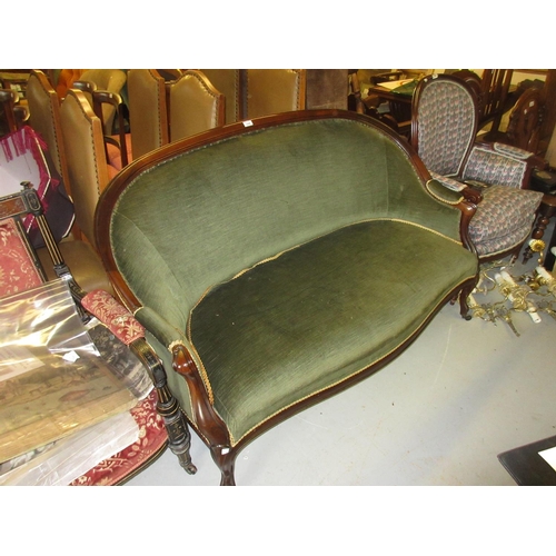 2299 - 19th Century French mahogany and green upholstered two seat sofa on cabriole front supports together... 