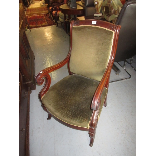 2300 - Pair of 19th Century French mahogany green upholstered open armchairs with scroll arms and front sup... 