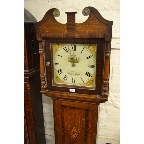 1856 - 19th Century oak longcase clock, the hood having square dial and broken arch pediment flanked by pil... 