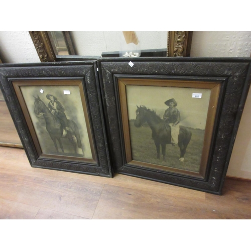 202 - Pair of early 20th Century black and white photographs, cowboy and girl, housed in carved lacquered ... 