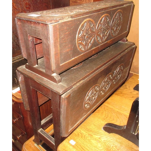 2359 - Arts and Crafts oak four tier Sutherland table carved with Celtic emblems