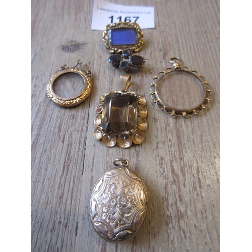 1167 - 19th Century memorial brooch, small garnet set brooch and four various pendants