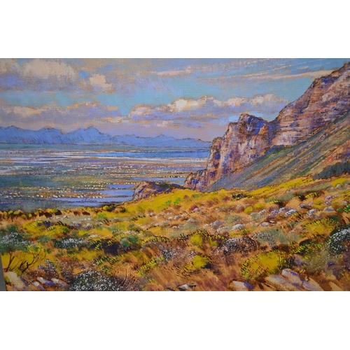 1528 - James Yates, South Africa, 20th Century oil on canvas, estuary scene with distant mountains, signed,... 