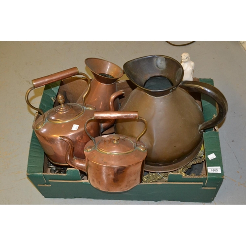 1605 - Two 19th Century copper kettles, a copper jug, large two gallon measure and miscellaneous other meta... 