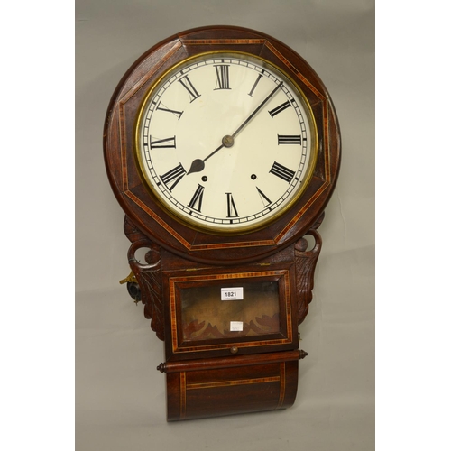 1821 - American Seth Thomas circular mahogany and inlaid drop-dial wall clock, the enamel dial with Roman n... 