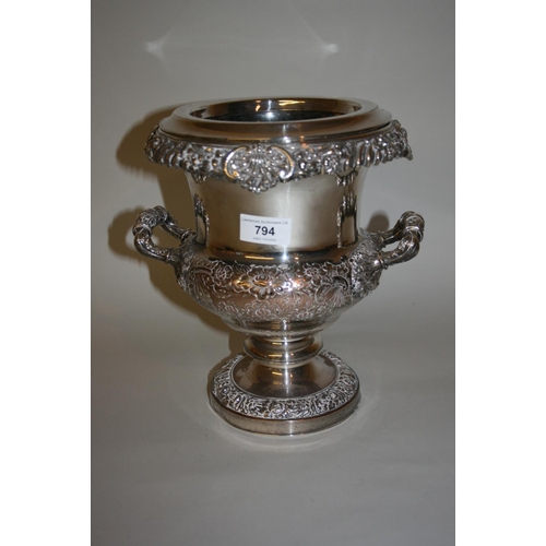 794 - 19th Century plate on copper two handled pedestal wine cooler with chased decoration