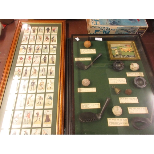 159 - Framed set of fifty reproduction golf related cigarette cards, a glazed display of reproduction earl... 