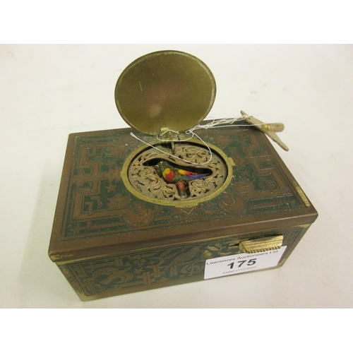 175 - Mid 20th Century brass and green enamel decorated singing bird musical bird (at fault)