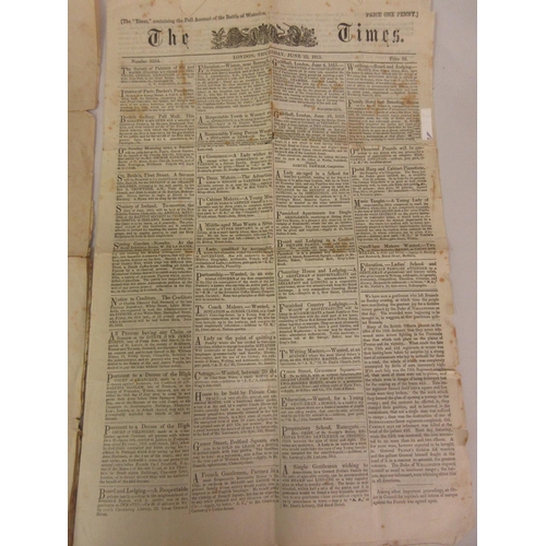 185 - Copy of The Times for Thursday June 2nd 1815 containing a full account of the Battle of Waterloo, to... 