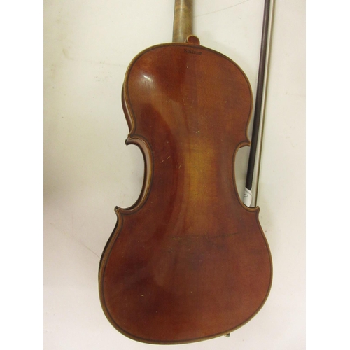 208 - Violin, the two piece 14in back stamped Stainer, with a similar paper label to the interior together... 