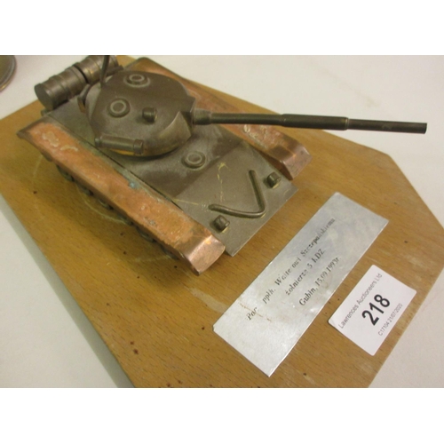 218 - Polish Gubin Trench Art model of a tank, inscribed 1993, a similar shell case and a World War I Tren... 