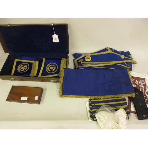 274 - Leather cased quantity of Surrey Lodge Masonic regalia, together with a small mahogany cased pair of... 