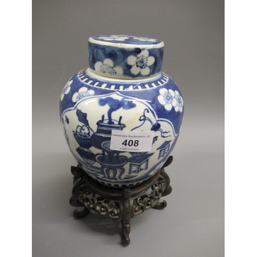 408 - Late 18th / early 19th Century Chinese blue and white ginger jar with a hardwood cover and stand, to... 