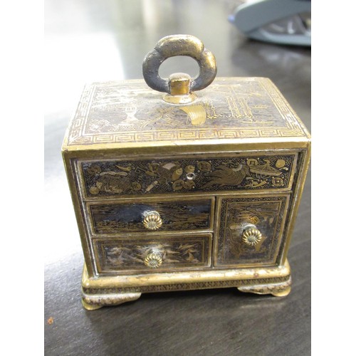 209 - Japanese gilt metal miniature four drawer table cabinet, together with a group of five small bronze ... 