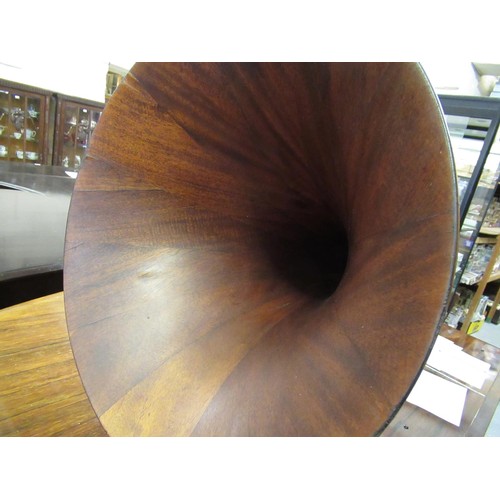 282 - Early 20th Century H.M.V. table top wind-up gramophone with mahogany laminated horn, the base 13.75i... 