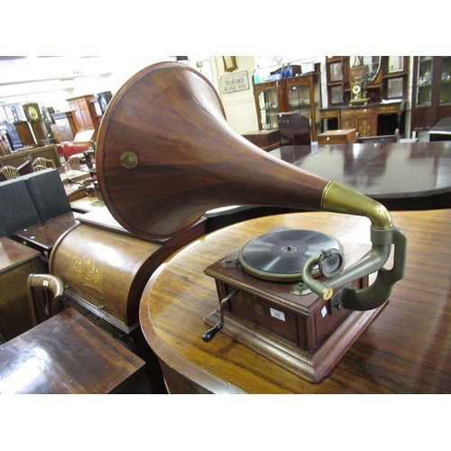 282 - Early 20th Century H.M.V. table top wind-up gramophone with mahogany laminated horn, the base 13.75i... 