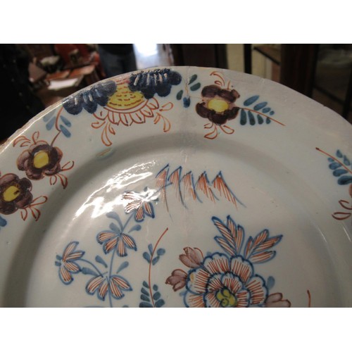 490 - Three 18th Century English Delft plates (damages), together with a similar Continental Delft plate, ... 