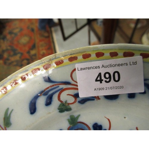 490 - Three 18th Century English Delft plates (damages), together with a similar Continental Delft plate, ... 