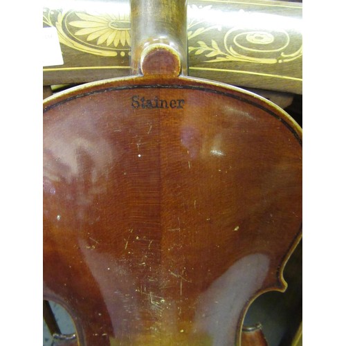 208 - Violin, the two piece 14in back stamped Stainer, with a similar paper label to the interior together... 