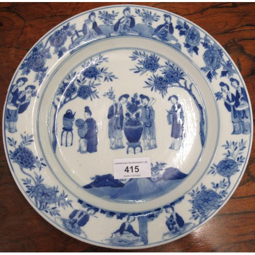 415 - Chinese Kangxi blue and white circular dish painted with figures in a garden, six character mark wit... 