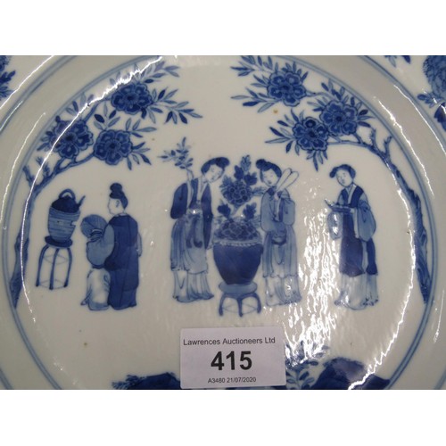 415 - Chinese Kangxi blue and white circular dish painted with figures in a garden, six character mark wit... 