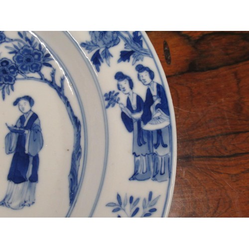 415 - Chinese Kangxi blue and white circular dish painted with figures in a garden, six character mark wit... 