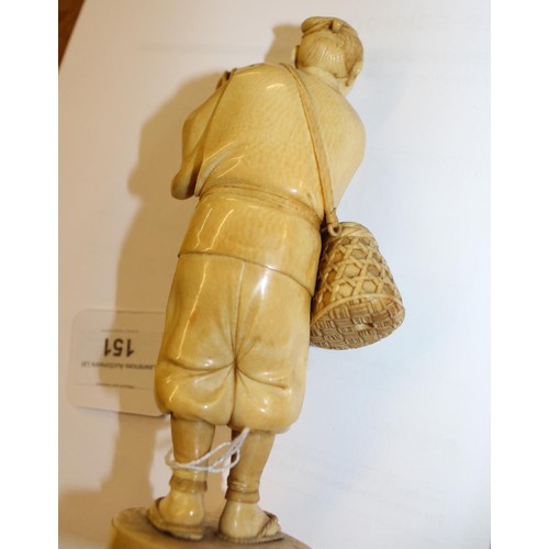 151 - Late 19th Century Japanese ivory okimono in the form of a tradesman standing, carrying a wicker bask... 