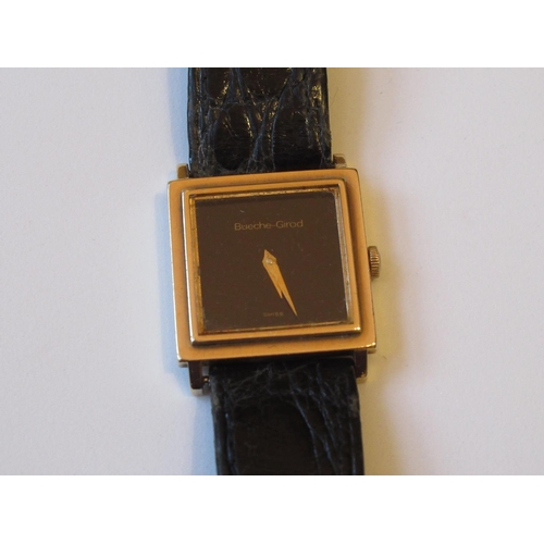 1029 - Bueche-Girod gentleman's 9ct gold cased wristwatch with black leather strap