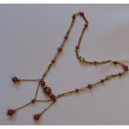 1032 - Victorian gold and coral necklet with three coral drops