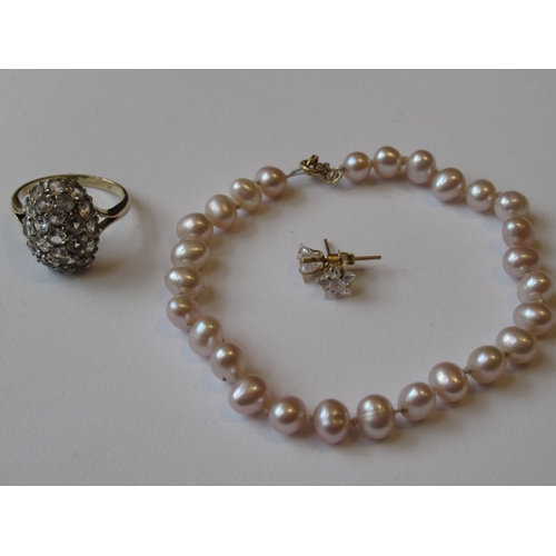 1053 - Cluster dress ring, freshwater pearl bracelet and a pair of ear studs