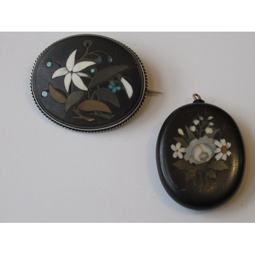 1062 - Victorian pietra dura locket together with a similar brooch (at fault)